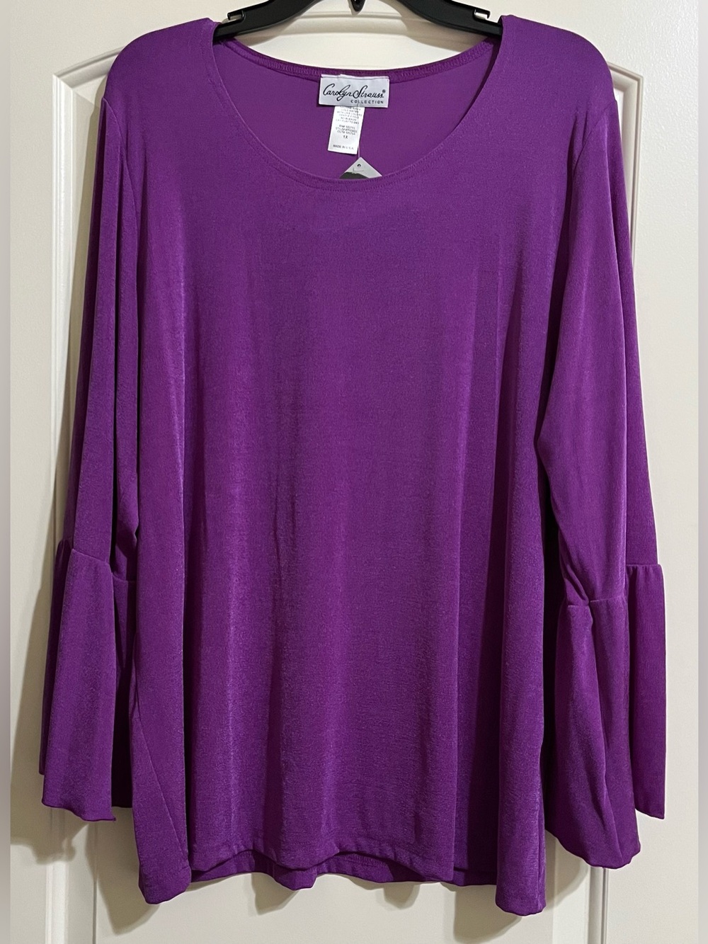 NWT Carolyn Strauss Women’s Purple Flared Bell Sleeve Stretch Top Blouse 1X